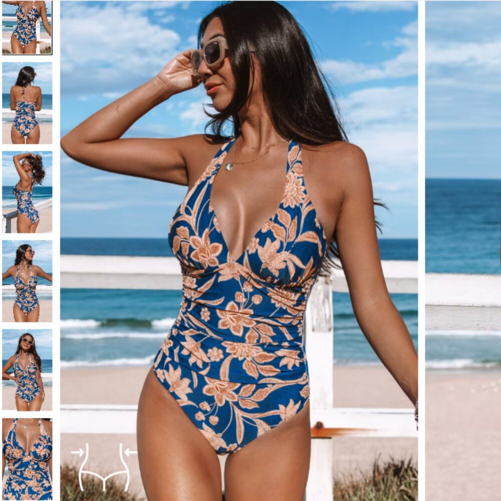 NWT CUPSHE Boho Halter Ruched Tummy Control One-Piece - Medium